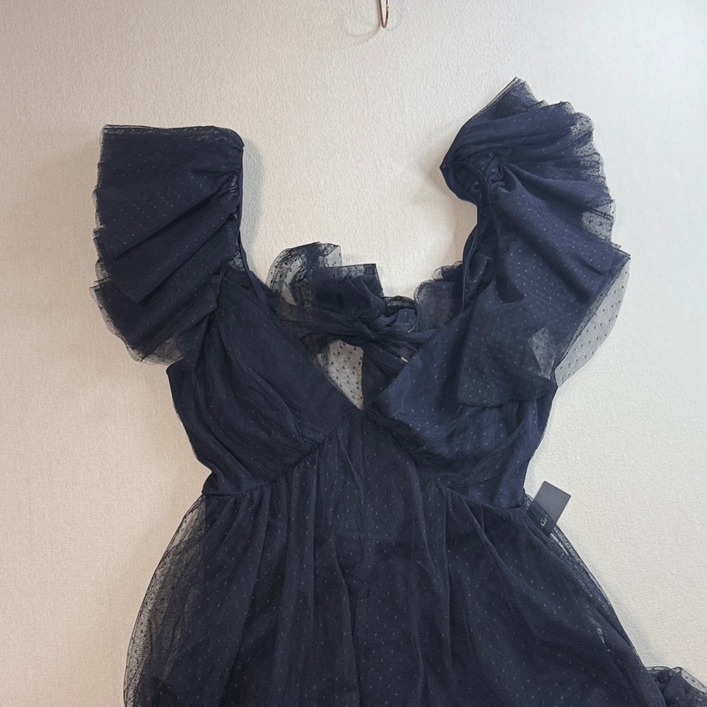 Lulu's Navy Tulle Maxi with Ruffle Cap Sleeves - Picture 2 of 11